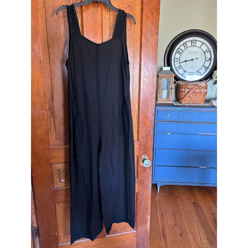 NWT Wiholli Black Waffle Knit Romper Jumpsuit Wide Leg Open Tie Back Pockets LRG